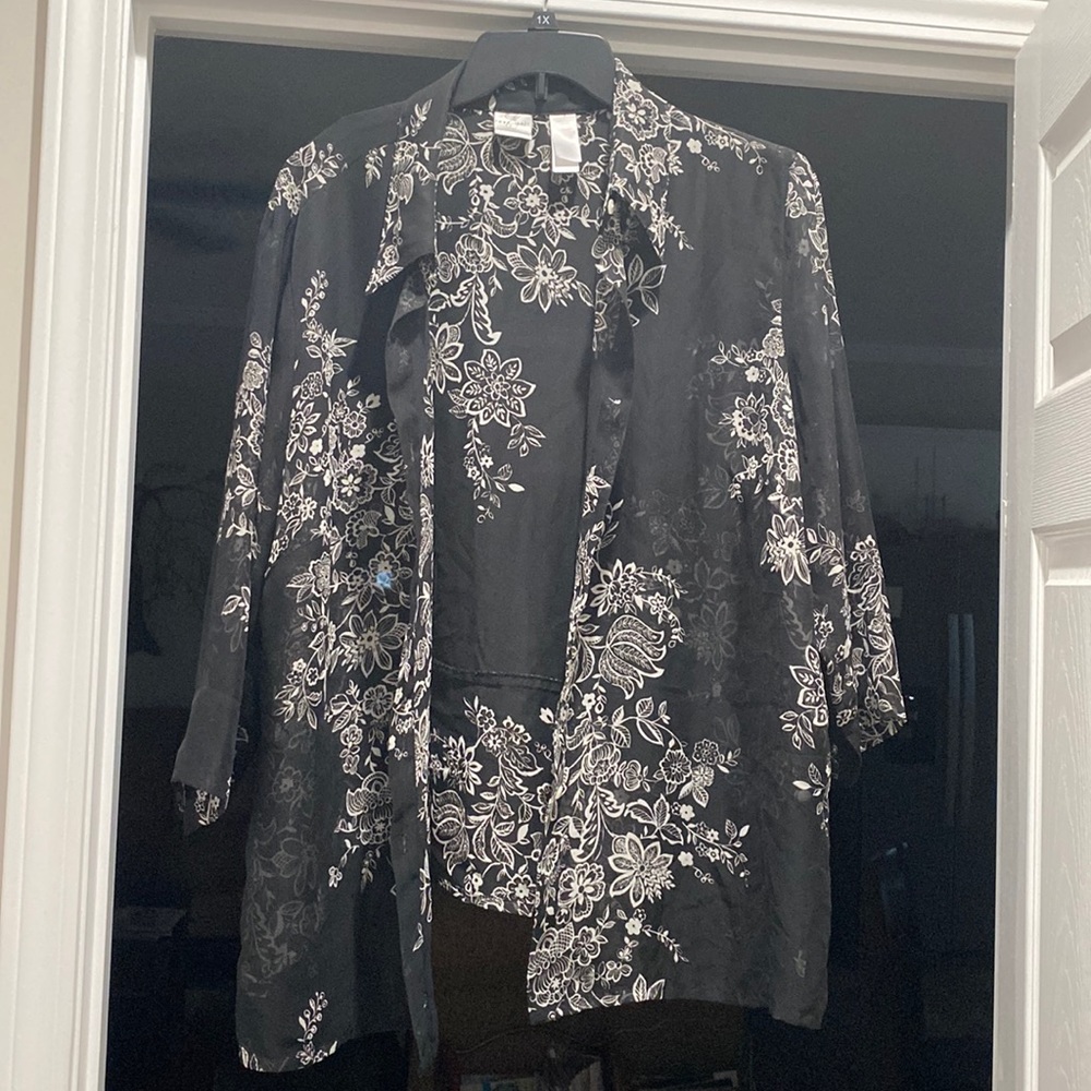 Emma James 22w see through black n white 3/4 sleeve blouse